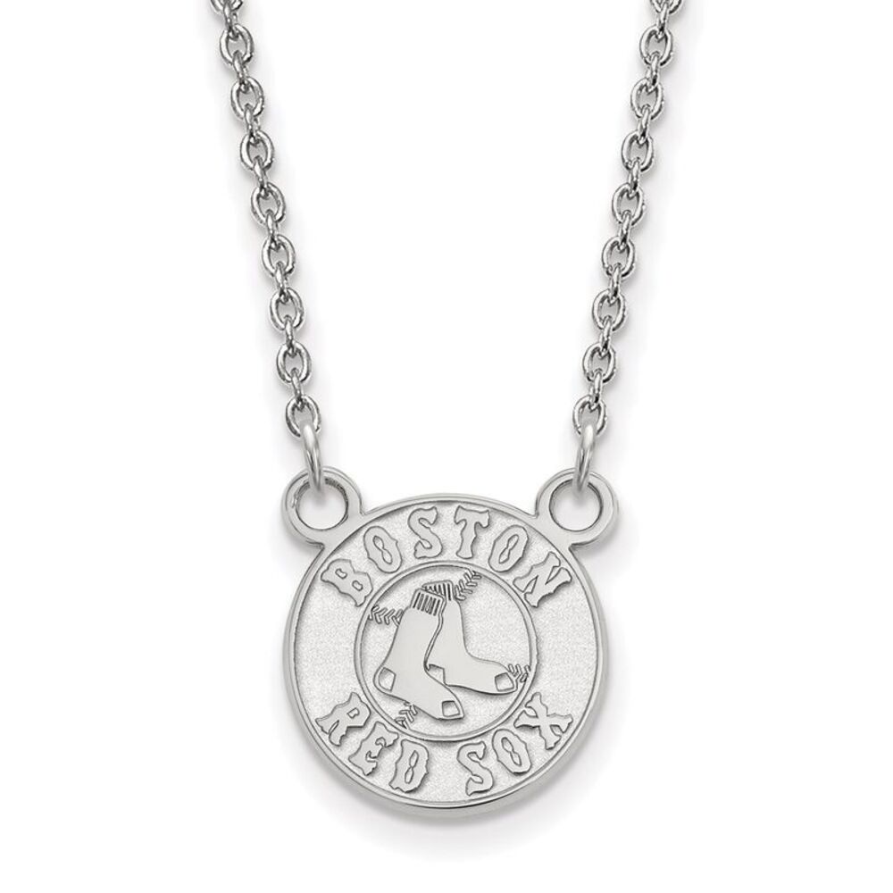 14K White Gold MLB Boston Red Sox Small Disc Necklace, 18 Inch